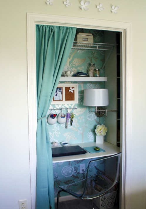 Closet office with wallpaper